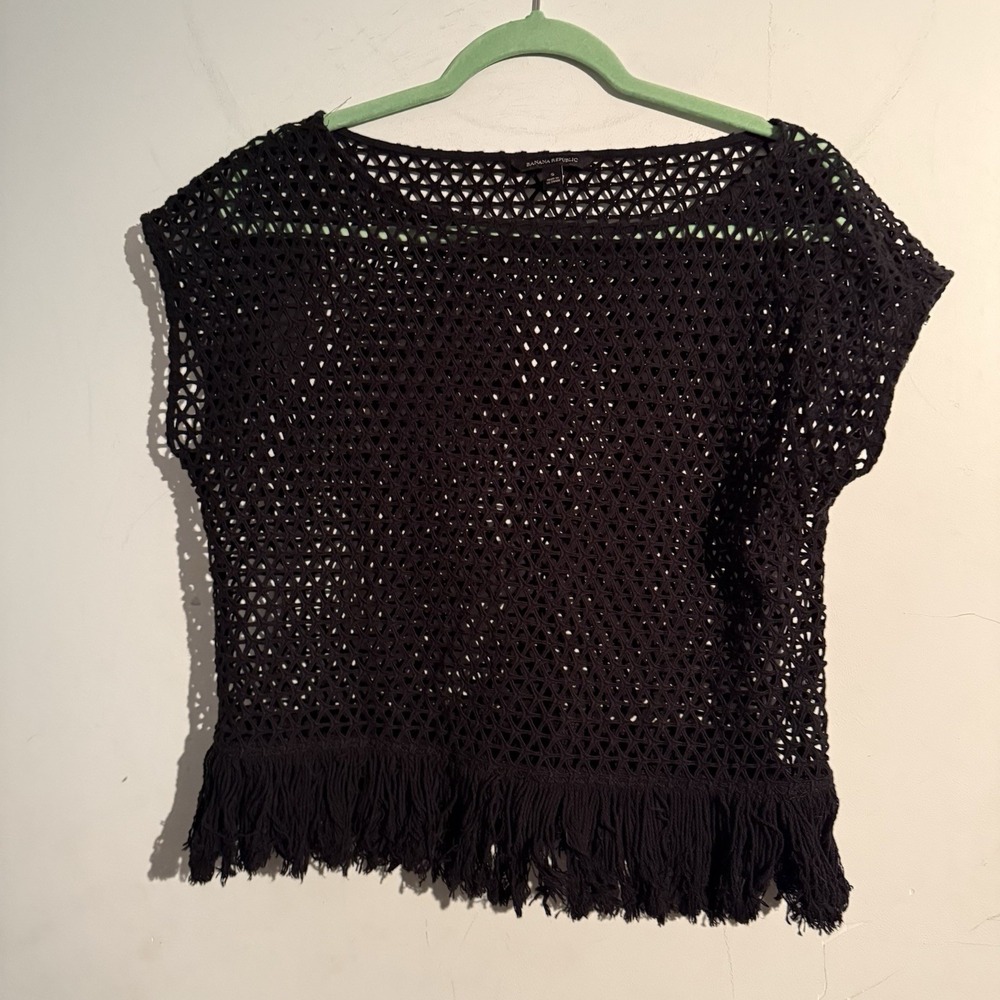 Banana Republic Small Geo Fringe‎ Crochet Top Fishnet Black Boho Festival
